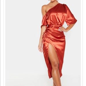 Rust Satin One Shoulder Ruched Skirt Midi dress